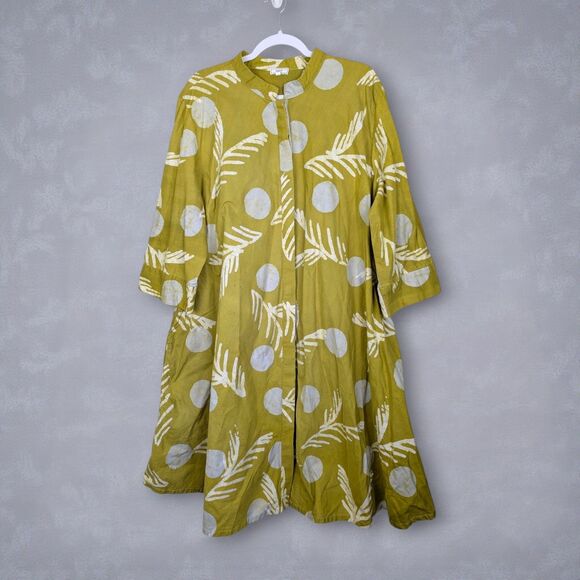 Zuri Dresses & Skirts - Zuri Kenya Button Front Dress Green Women’s 2X Dot Leaf Print Lagenlook Cotton